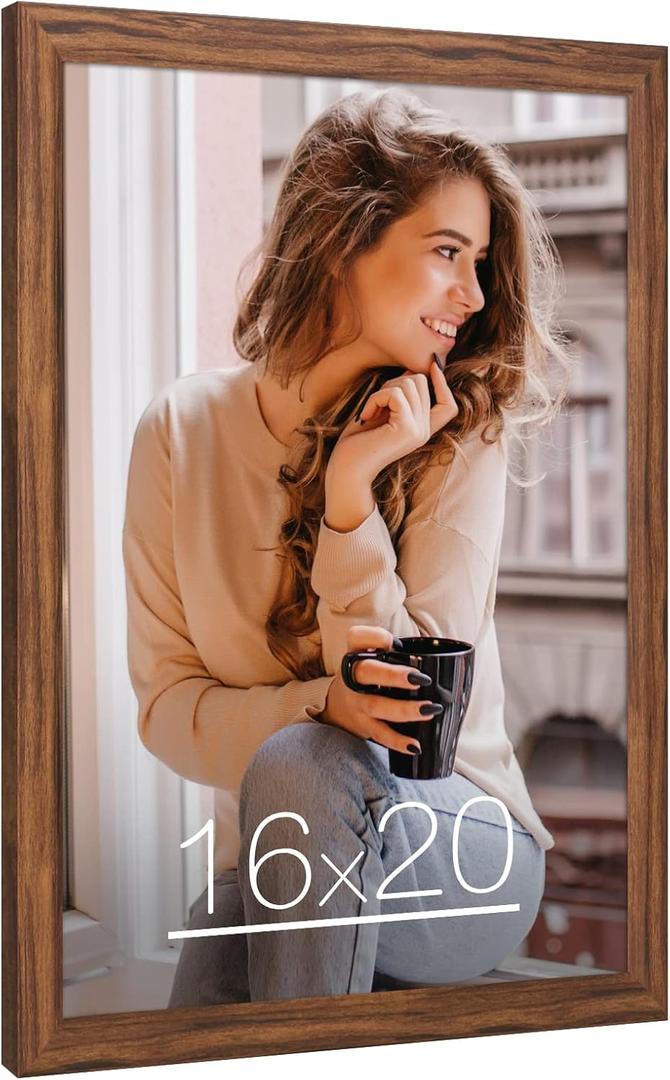 16x20 Wood Frame Brown, Rustic Natural 20x16in Woodgrain Picture Poster Frame, Modern Brown 16 x 20inch Gallery Wall Photo Frame with HD Plexiglass, Horizontal Vertical Wall Mounting Display 1pcs