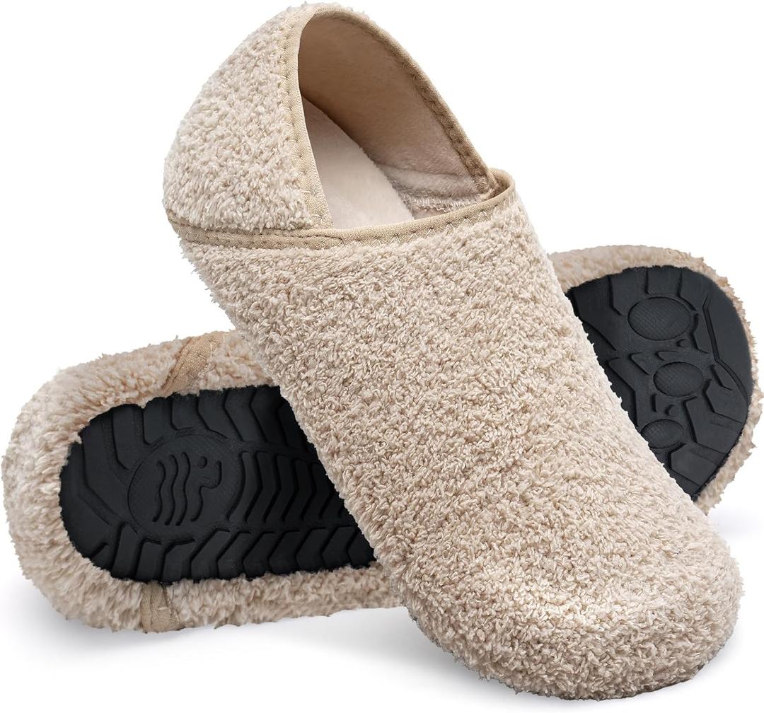 WateLves Womens & Mens Lightweight Cozy Faux Furry House Slippers - Rubber Sole Slip On Sock Shoes - Foldable Travel Slippers - Indoor & Outdoor (12.5-13 Women/10.5-11.5 Men, Fluff/Beige)