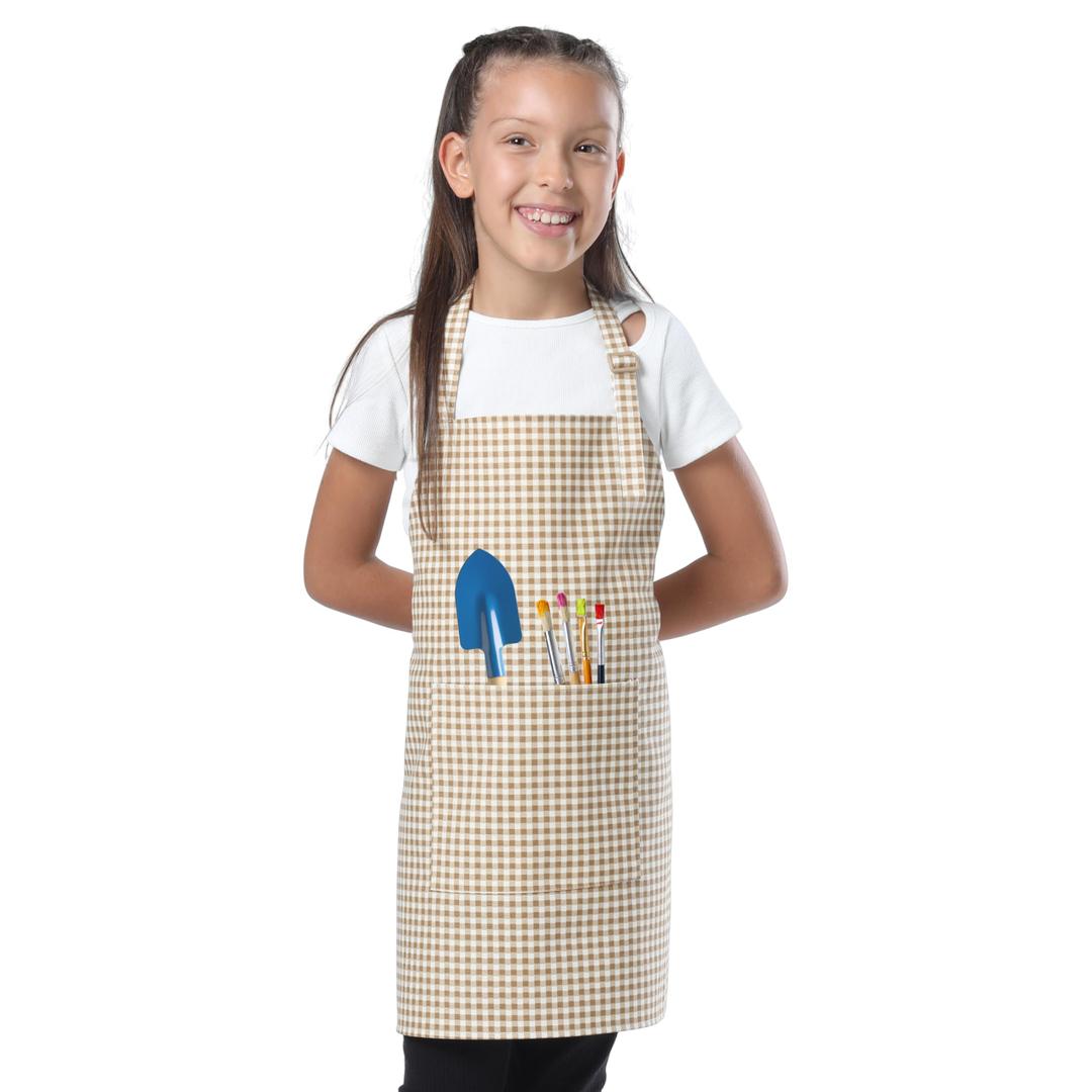 TOSHEX Kids Aprons for Cooking Waterdrop Resistant Aprons for Girl & Boy Toddler Apron for Painting, Gardening, Baking, Smock (Plaid Yellow, Medium (6-10 years)