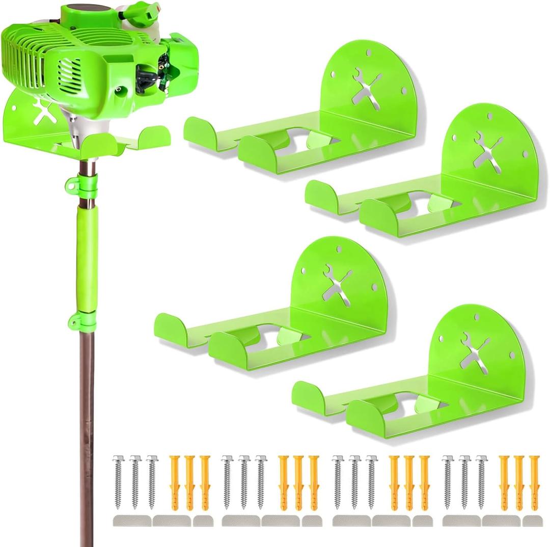 Upgraded Trimmer Rack Wall Mount - 8" Heavy Duty Weed Eater Hanger for Garage Wall, Garden Power Tool Holder Organizer Hooks for Grass Trimmer, Hedge Trimmer, Leaf Blower and Chainsaw, Green, 4 Pack