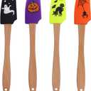 Hemoton 4pcs Halloween Wooden Handle Silicone Scraper Cream Spatula Baking Gadget Baking Supplies Kitchen Utensil for Home Bakery (Ghost + Black Cat + Pumpkin + Spider Pattern)