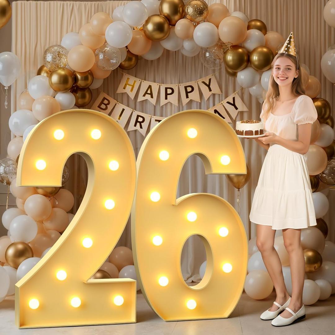 Mixifox 4FT Marquee Numbers 26, Large Light up Number 26 for Birthday Party Supplies, Sign, Backdrop, Happy 26th Birthday Decorations for 26 Years Old Women Men