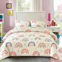 NTBED Rainbow Comforter Set with Sheets,5 Pieces Floral Bed in a Bag Twin Size for Girls, Lightweight Microfiber Kids Bedding Sets (Beige)