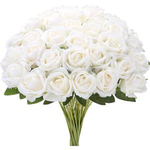 MERIXMAS Roses Artificial Flowers, Fake Velvet Silk Roses in Bulk for Home Decor Indoor, Fake Roses Realistic Flowers with Stems for Wedding Centerpiece Party Decor (24, White)