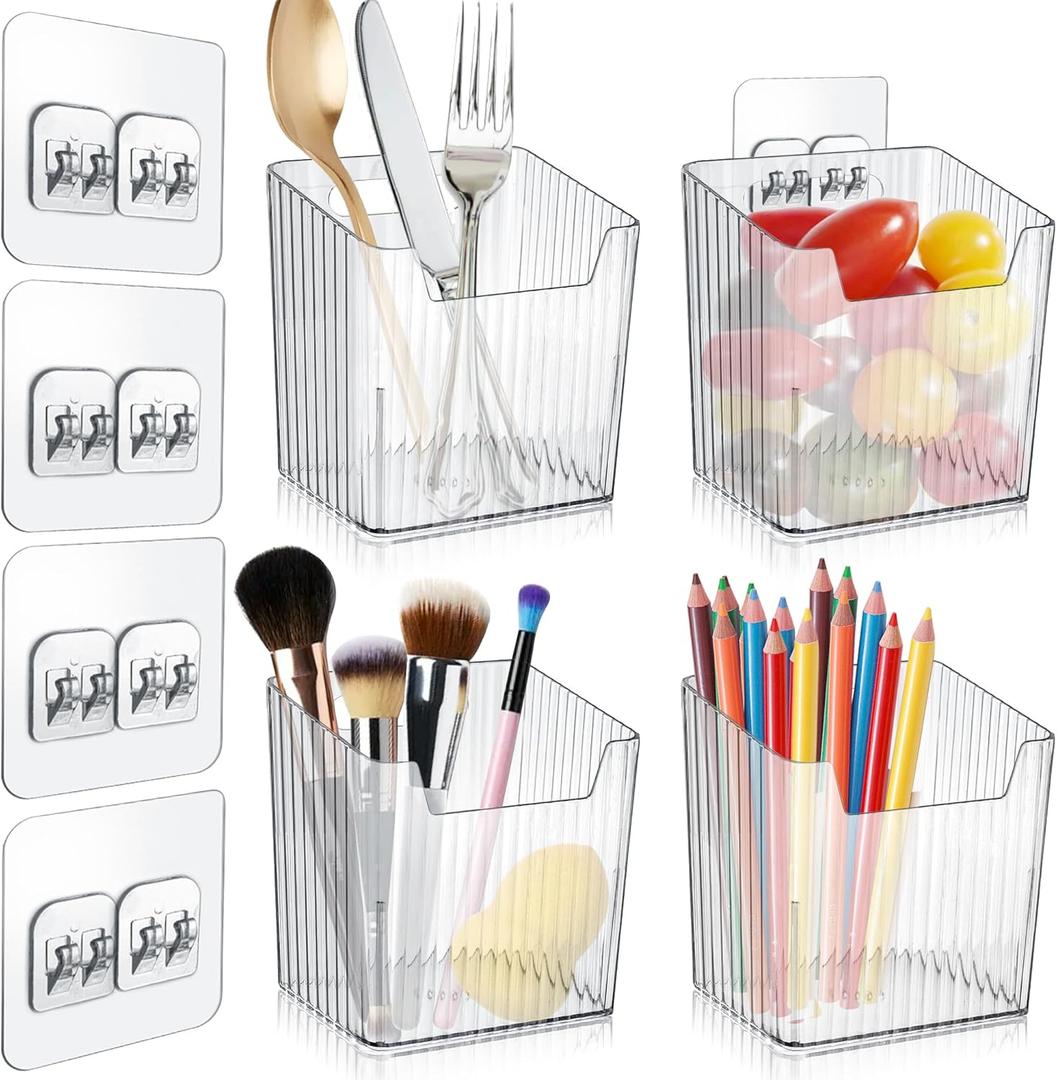4 Pack Acrylic Wall Mount Organizer, Adhesive Cabinet Door Storage Bins, Clear Makeup Containers, Stackable Organizer Basket for Kitchen, Bathroom, Cabinet, Pantry, Office
