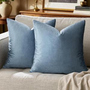 GIGIZAZA Stone Blue Velvet Decorative Throw Pillow Covers 18x18 for Sofa Living Room Soft Couch Pillow Cover Pack of 2