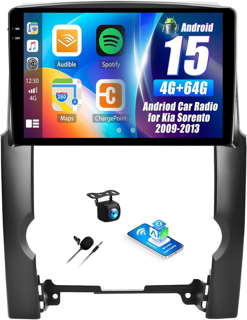 4G+64G Andriod Car Radio for KIA Sorento 2009 2010 2011 2012 2013 with CarPlay Android Auto 10.1 Inch Incell Touch Screen with GPS Navigation WiFi Backup Camera Mic (P2-6G+128G)