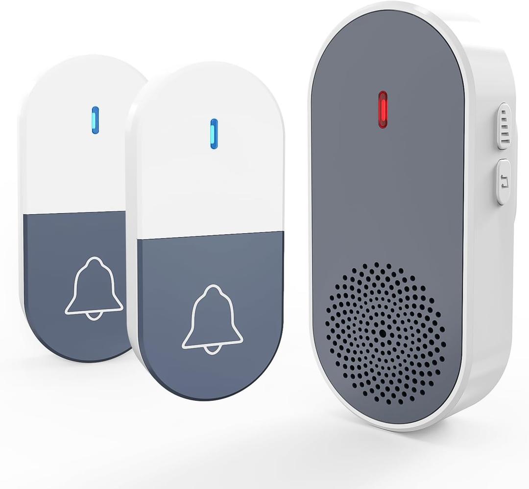 Wireless Doorbell with 2 Buttons, Classroom Doorbell for Classroom Easy to Install with 36 Chimes & 5 Volume Levels Loud Enough LED Flashing for Kids Room Office Battery Operated, 1 Receivers & 2 Button