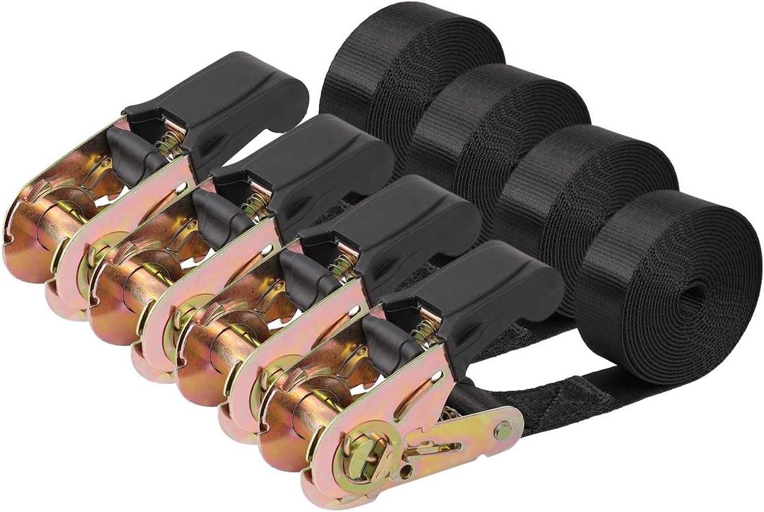 Endless Ratchet Tie Down Straps Heavy Duty Cargo Tie Downs, Sturdy Nylon Black Strap Down Ratcheting Securing Straps, Track Spring Fittings, Tie-Down Motorcycles, Trailer Loads, Kayak (1"x8'-4pcs black)