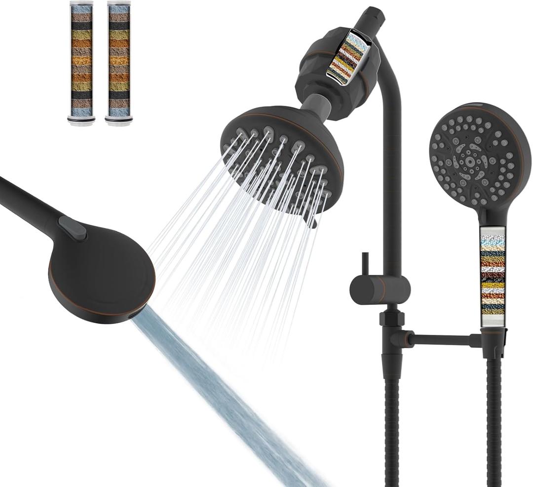Filtered Shower Heads, All Metal Dual Shower Head with Easy Reach Handheld Spary Combo, 3-Way High Pressure 70 Modes Rainfall Showerhead, 71" Hose, Shower Bracket, 20 Stage Shower Filter, Oil Bronze