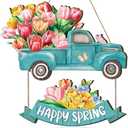 Barydat Spring Door Sign Tulip Gnome Wreath for Front Door Wreath Truck Gnome Welcome Hanger Wooded Hanging Wall Sign for Home Summer(Truck)