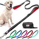 Black Rhino Double Handle Dog Leash - Heavy Duty Adjustable Leash for Large Dogs That Pull - Reflective Two Handle Neoprene Padded Design - 5 to 6 ft - Includes Pouch for Treats and Essentials - Red