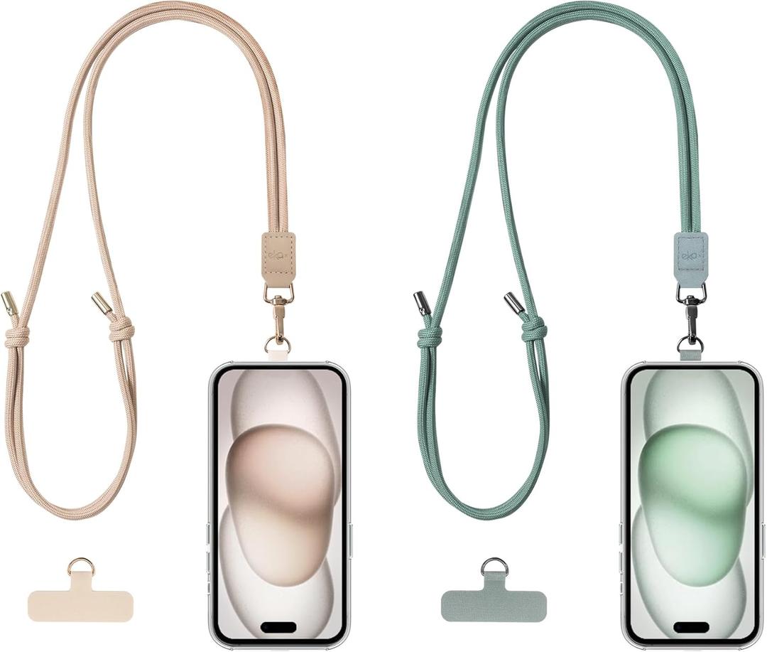 4 x EKAX 2 Pack Crossbody & Neck Phone Strap, Customizable Neck Strap with 0.5mm Removable Phone Tab, Hands-Free Holder for Phones, Earphones, Badges & Keys (Sand Beige+Morning Green)