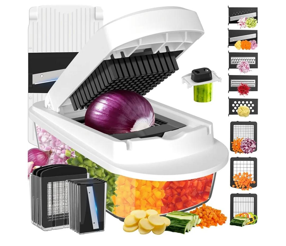 8Blade All-in-1 Vegetable Chopper Mandoline Slicer with Container, Food Chopper, Onion Chopper, Veggie Cutter for Salad, Kitchen Gadgets Accessories Essentials, White