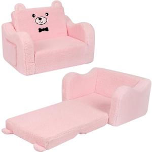 Sherpa Teddy Bear Kids Sofa, Soft Foam Couch with Plush Cover, Cozy Play Lounge Chair, Pink