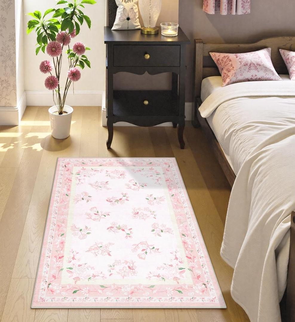 LIVEBOX Floral Pink Washable Entryway Rug, 2x3 Boho Bathroom Rugs Non Slip Soft Bedroom Accent Rug, Ultra Thin Flower Small Throw Rugs for Entryway Indoor Door Mat for Kitchen Bedside, Pink