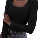 Women Short Sleeve Tops Ribbed Knit Slim Fit U Neck Top Basic Tee Shirts for Summer Casual Trendy Blouse (M, Black Long Sleeve)