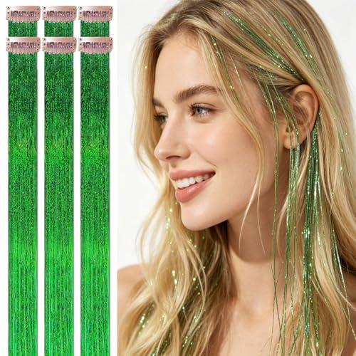 Celinebella Grass Green Clip in Hair Tinsel,Emerald Glimmer,24Inch 80 Strands per Piece,6Pcs Heat Resistant Fresh Hair Extensions for Women Teens St. Patrick Spring Accessories