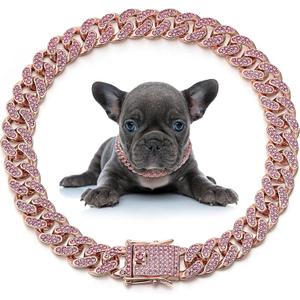 LEIFIDE Dog Chain Collar Diamond Link Puppy Collar 12 mm Wide Dog Necklace Metal Cat Chain Pet Crystal Necklace Jewelry Accessories for Small Medium Large Pet(16 Inch,Rose Gold, Pink)