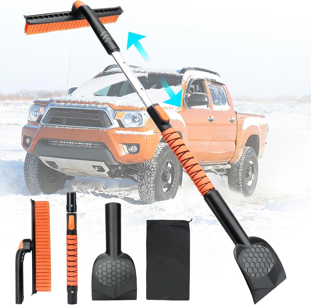 45.6" Ice Scraper and Snow Brush for Car Windshield [Silicone Bristles] ,3-in-1 Extendable Emergency Snow Shovel with Ergonomic Foam Grip and 360 Pivoting Brush Head for Christmas Car Auto Truck SUV (Orange)
