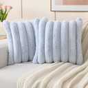FUTEI Light Blue Decorative Throw Pillow Covers 18x18 Inch Set of 2, Square Soft Faux Rabbit Fur Big Striped Cushion Cover, Home Decor for Couch Sofa Bed Living Room