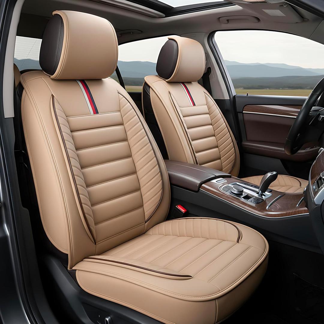 OASIS AUTO Car Seat Covers Full Set Premium Waterproof Faux Leather Cushion Universal Accessories Fit SUV Truck Sedan Automotive Vehicle Auto Interior Protector (OS-001 Tan)