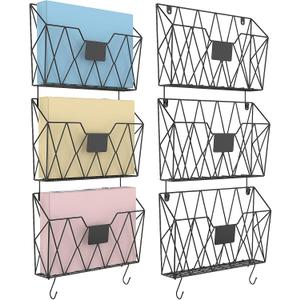 YBING Wall File Organizer Mesh Hanging Wall-mount Files Holder 6 Pack Hanging Wire Magazine Rack and Mail Holder with Hooks Office Wall Organizer for Papers Folders Files Clipboard Black