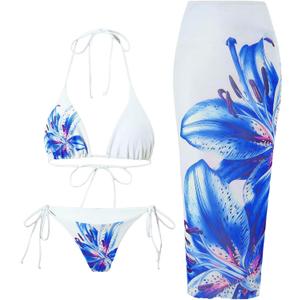 ZAFUL Womens 3pcs Swimsuit Floral Halter Triangle Bikini Top Tie Side Bottom with Long Sheer Cover Up Skirt (L)
