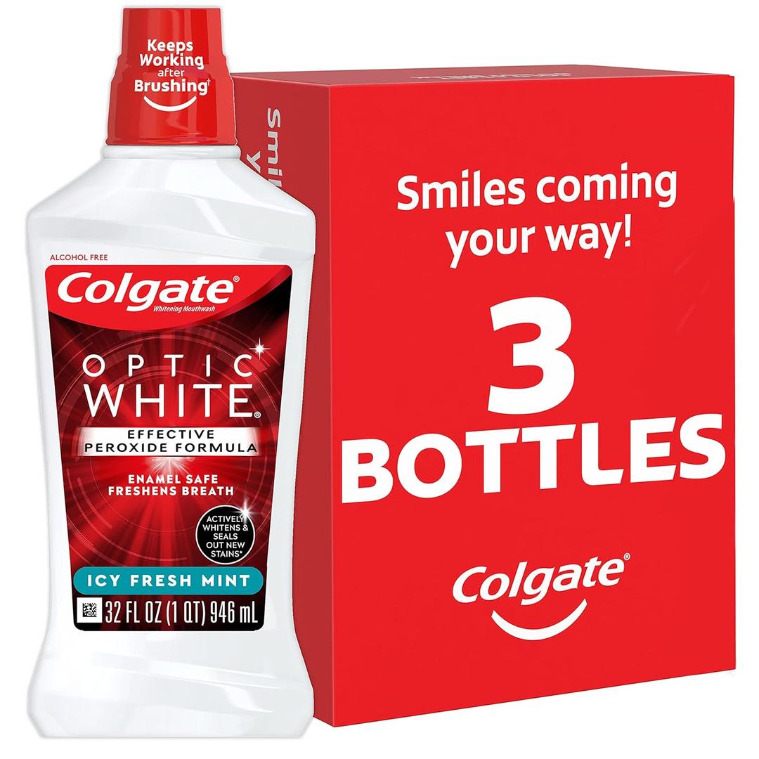 Colgate Optic White Advanced Teeth Whitening Mouthwash, 3 Pack, 2% Hydrogen Peroxide, Alcohol-Free and Enamel Safe, ICY Fresh Mint, 32 Oz
