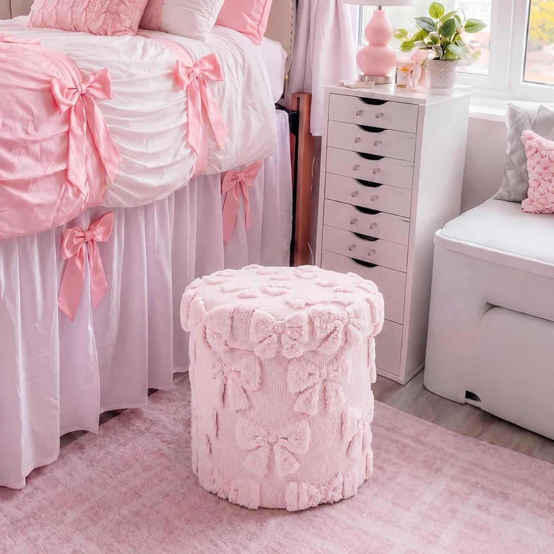 RattanView Storage Ottoman Dorm 12 Inch Pink Bow Round Ottoman Dorm Back to School Coquette Foldable Foot Rest Stool with Lid for College Dormitory Bedroom Office, 11.8"D x 11.8"W x 11.8"H