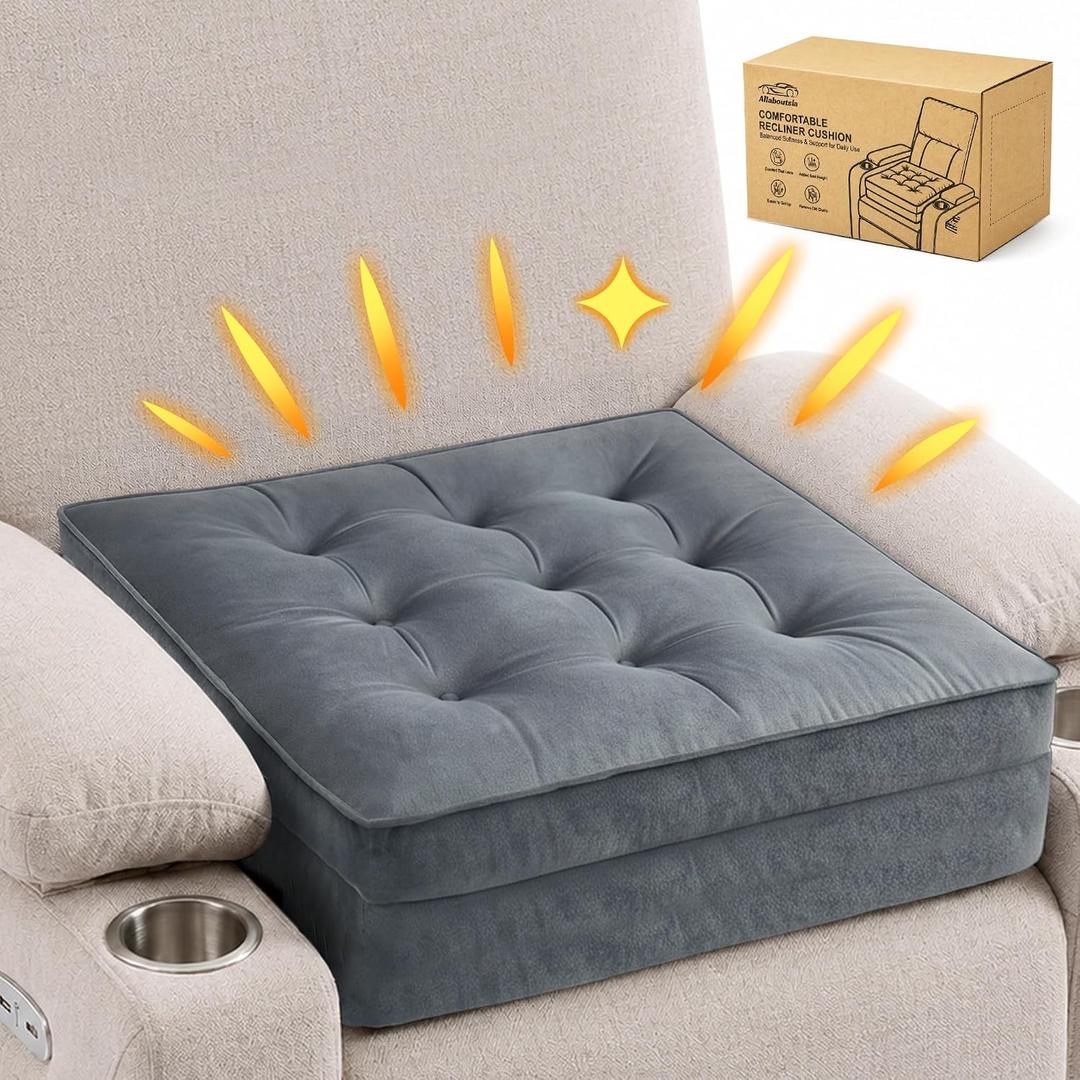 Allaboutsla Recliner Cushion for Elderly: 20x20x5 Comfy Recliner Seat Cushion, Dual-Layer Foam Support for Long Sitting and Raise Seat Height, Non-Slip Cushions for Recliners, Couch & Armchair - Gray