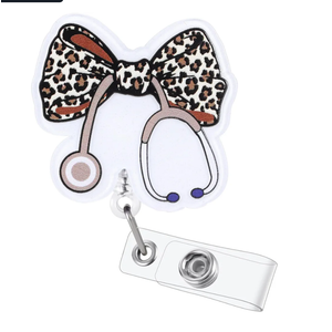 Leopard Bow Stethoscope Badge Reel, Cute Retractable ID Card Badge Holder, Name Tag Work Badge Clip for ICU NICU RN LPN CNA MA ER Cardiology Night Shift Nurse Nursing Student OR GI Doctor, Nurse Gifts