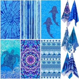 FuWeave 6 Pcs Oversized Beach Towel Set Large Sand Free Microfiber Bath Towel Thin Lightweight Absorbent Quick Dry Pool Towels for Adult Beach Hotel Bath Spa Picnic Yoga (Flower Ocean,32 x 63 Inch)