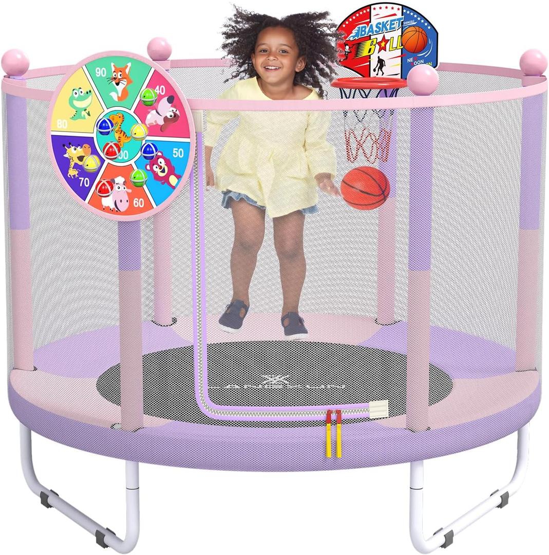 LANGXUN 60" Trampoline for Kids, 5ft Toddler Mini 6-in-1 Trampoline Indoor Outdoor with Swing, Basketball Hoop, Dart Board, Rings, Christmas Toys Birthday Gifts for Girls Boys (Purple & Pink 3- in-1)