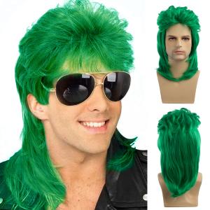 Sallcks Mens Mullet Wigs Green Curly 70s 80s Retro Cosplay Costume Wig Metal Rocker Disco Fancy Show Wigs