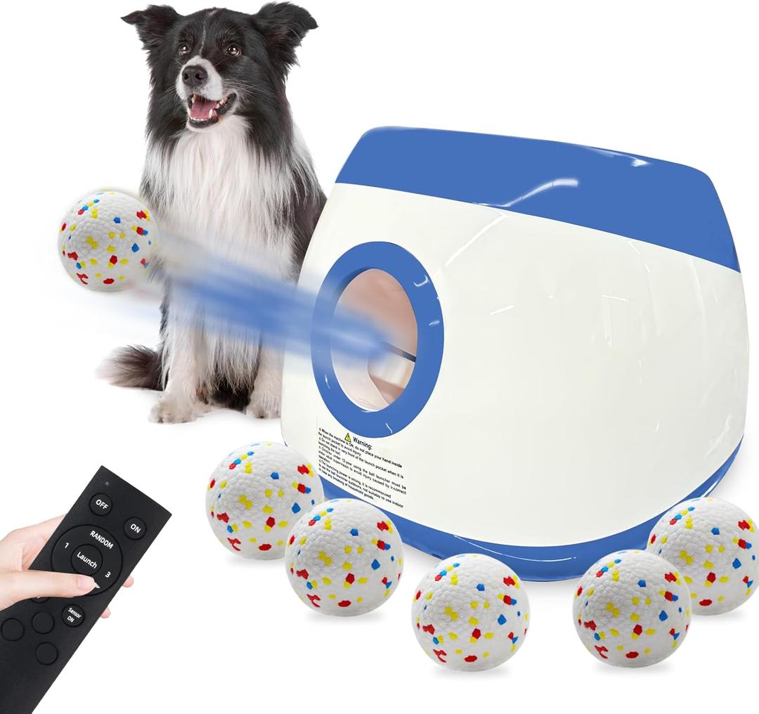 SOCO Automatic Ball Launcher for Dogs with 6Pcs Tennis Balls, Type-c Rechargeable Ball Thrower Launcher, 40-80Ft Shooting Distance, Outdoor&Indoor Dog Toys (Blue-6 balls(2.5"))