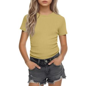 Girls Short Sleeve Slim Fit Ribbed Top | Crewneck Shirt, Round Neck, Knit, Cute, Casual, Tight, Basic, Solid, Plain, Summer, Layer, Comfortable, Versatile, Breathable (Yellow)