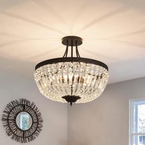 YYJLX 5-Light E12 Round Crystal Ceiling Light Fixture Modern Semi Flush Mount Chandelier Ceiling Lamp for Living Room Dining Room Entryway Hallway Foyer Bedroom Laundry BathroomBlack