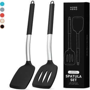 Home Hero Silicone Spatula Set with Ergonomic Handles - Stainless Steel High Heat Resistant Solid & Slotted Turner, BPA Free Non Stick Kitchen Utensils Set - Rubber Spatula (2 Pcs - Black)