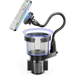 2-in-1 Car Cup Holder Expander for Phone MagSafe, Upgraded Cup Holder Phone Mount for Car with Adjustable Base, Compatible with Yeti 20/26/30 oz, Hydroflask 32/40 oz (Transparent Black)