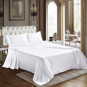 CozyLux Satin Sheets King Size - 4 Piece White Bed Sheet Set with Silky Microfiber, 1 Deep Pocket Fitted Sheet, 1 Flat Sheet, and 2 Pillowcases - Smooth and Soft