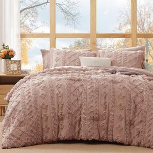 Full Size Comforter Set- 7 Pieces Tufted Bed in a Bag Full Bedding Sets | All Season Shabby Chic Boho Bedding with Comforter, Sheets, Pillowcases & Shams, Rusty Pink