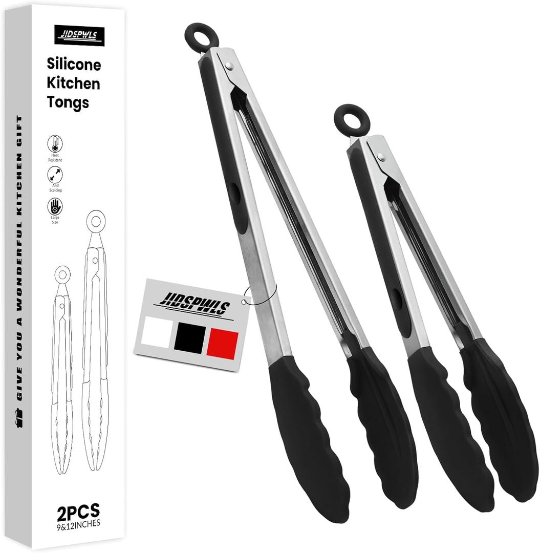 2 Pack Black Premium Stainless Steel Heat Resistant Kitchen Tongs for cooking,set of 9" and 12",Non Scratch Silicone cooking Tong Tip for Cooking Pans,Strong Grip BBQ tongs for Grabbing Hot Food