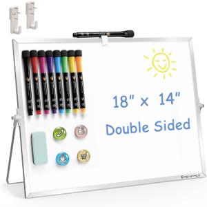 TSJ OFFICE Small White Board - 18 X 14 Inches Small Magnetic Dry Erase Board with Hooks for Wall, Desktop Whiteboard Stand 360 Degrees Revolving Double Sided for Office, Home, School, Silver