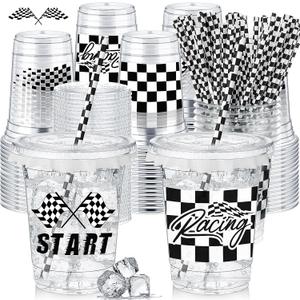 FoldTier 50 Pcs Checkered Racing Party Plastic Cups 12 oz White Black Checkered Flag Clear Cups with Straws and Lids Disposable Drink Cup for Race Car Sport Theme Birthday Party Supplies Baby Shower, 3.5 x 2.2 x 4.2 inches