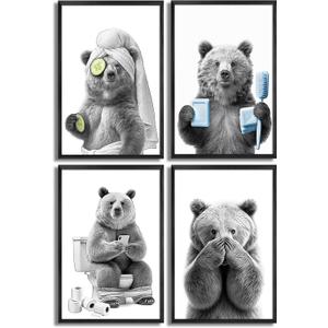 4Pcs Unframed Funny Bear Bathroom Wall Art Black And White Animal Wall Decor Picture Cute Bathroom Canvas Posters Prints for Restroom Washroom Dorm Laundry Room Decorations, 12x16in Poster