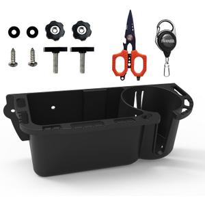Boat Caddy Organizer, Multifunctional Boat Storage Organizer with Drainage, Drill or T-Bolt 2 Ways Installation for Marine, Kayak, Jon Boat, Bass Boat, Fishing Tool Holder (Black Boat Caddy 1PCS + Red Scissors 1PCS + Zinger Retractor Clip 1PCS)