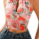 MSVLDR 2026 Women's Summer Halter Top V Neck Print Sleeveless Tie Back Mesh Backless Crop Camisoles Tops Pink X-Large