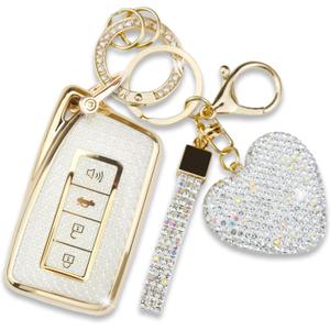 Key Fob Cover with Diamond Keychain for Lexus Car Key Shell Compatible with Lexus RX ES GS LS NX RS GX LX RC LC Smart Remote Key Protector for Women (3/4 Buttons-Gold Heart)