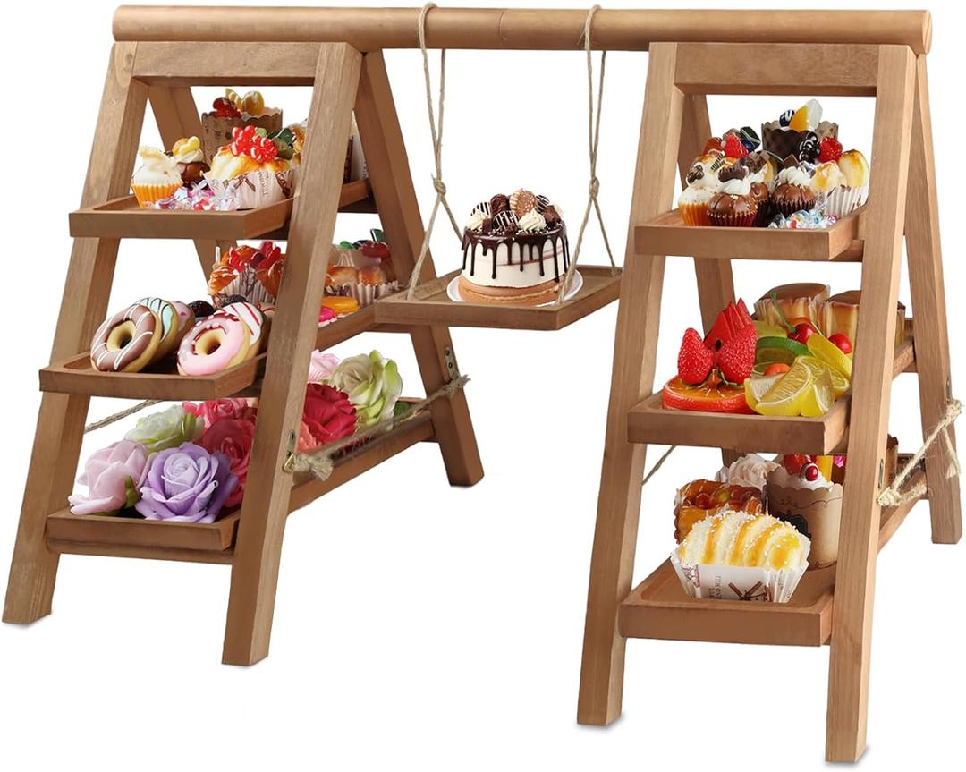 3 Tier Ladder Wooden Cupcake Stand Set with Swing, Removable Trays and Foldable Decorative Tray, Dessert Table Display Set, Platter Tray for Food Display at Party, Baby Shower, Wedding, Large